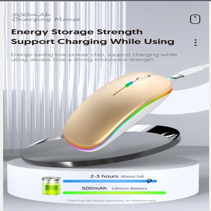 Guiheng Wireless Bluetooth Mouse,LED Dual Mode Rechargeable Silent Slim Laptop Mouse,Portable(BT5.2+USB Receiver) Dual Mode Computer Mice,for Laptop,Desktop Computer,ipad Tablet,Phone,TV (Gold) - Image 5